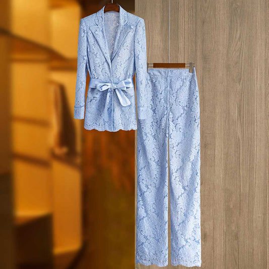 Lace Wedding Pantsuit Light Blue Formal Suit With Lace-Up