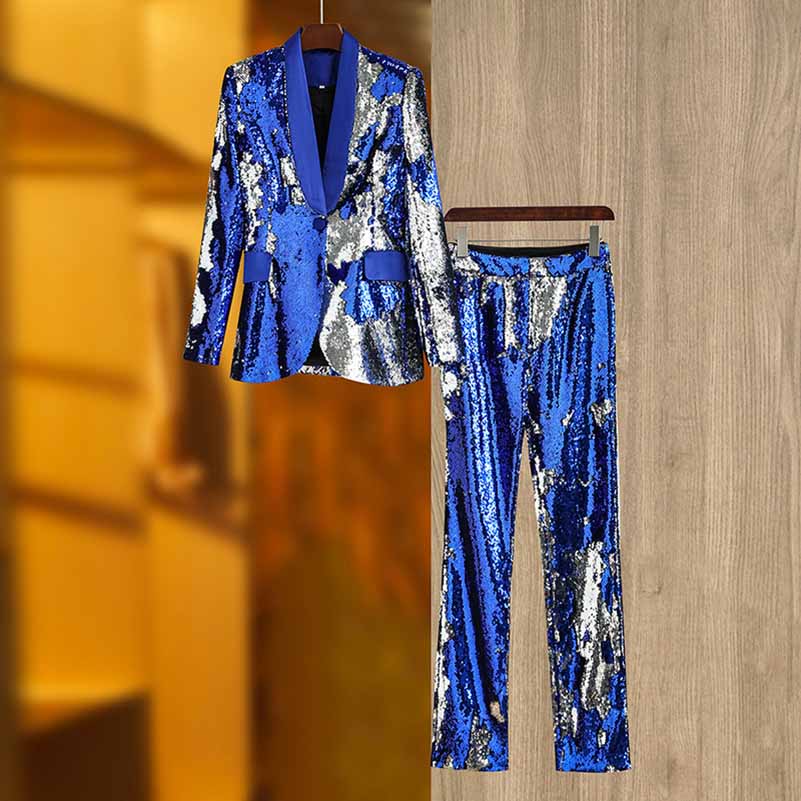 Blue Slim Fit Pantsuit Sequin Stage Performance Formal Event Suit