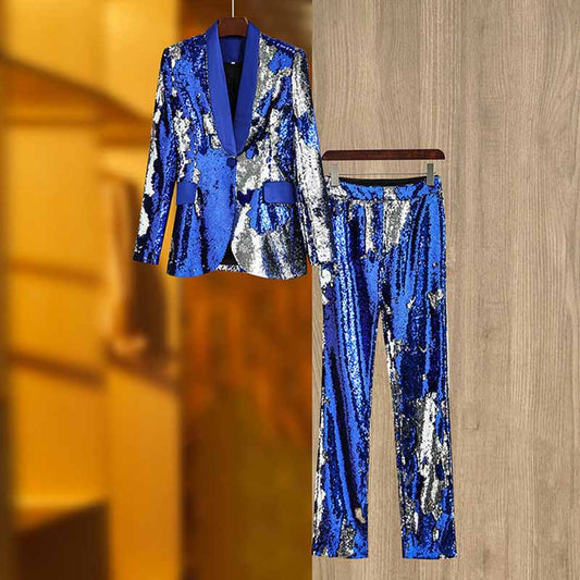 Blue Slim Fit Pantsuit Sequin Stage Performance Formal Event Suit