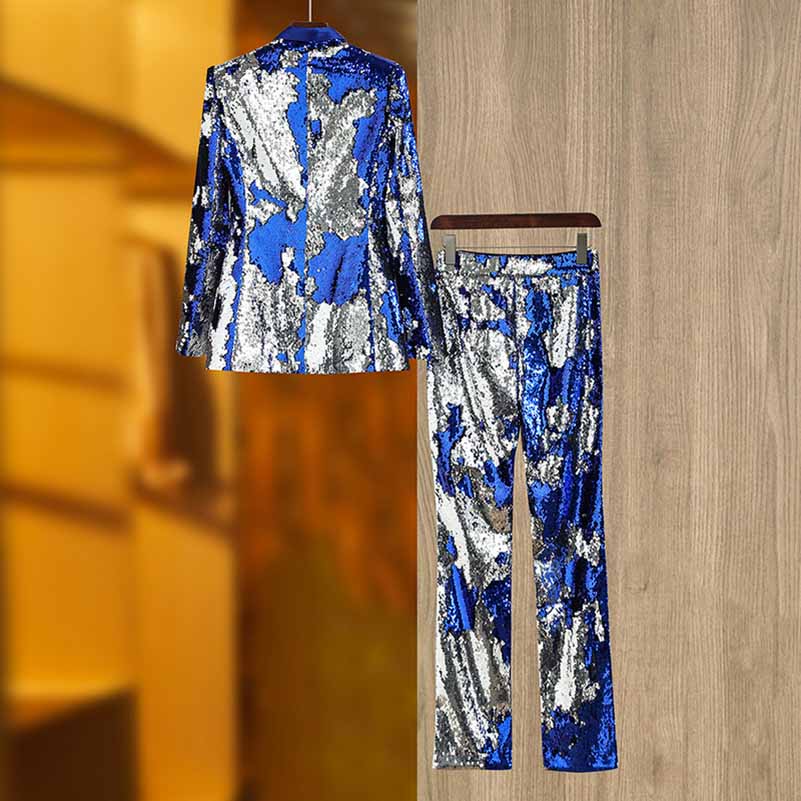 Blue Slim Fit Pantsuit Sequin Stage Performance Formal Event Suit