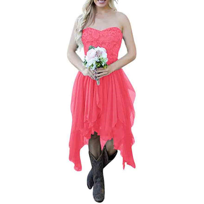 Country High Low Bridesmaid Dress Chiffon Lace Wedding Guest Outfit
