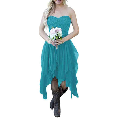 Country High Low Bridesmaid Dress Chiffon Lace Wedding Guest Outfit