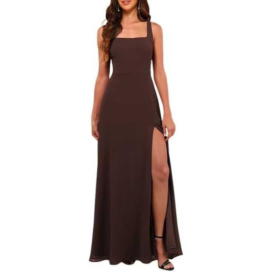 Elegant brown chiffon bridesmaid dress with high split and square neckline for formal occasions
