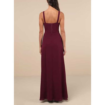 Back view of a sleeveless burgundy chiffon bridesmaid dress with high split and square neckline