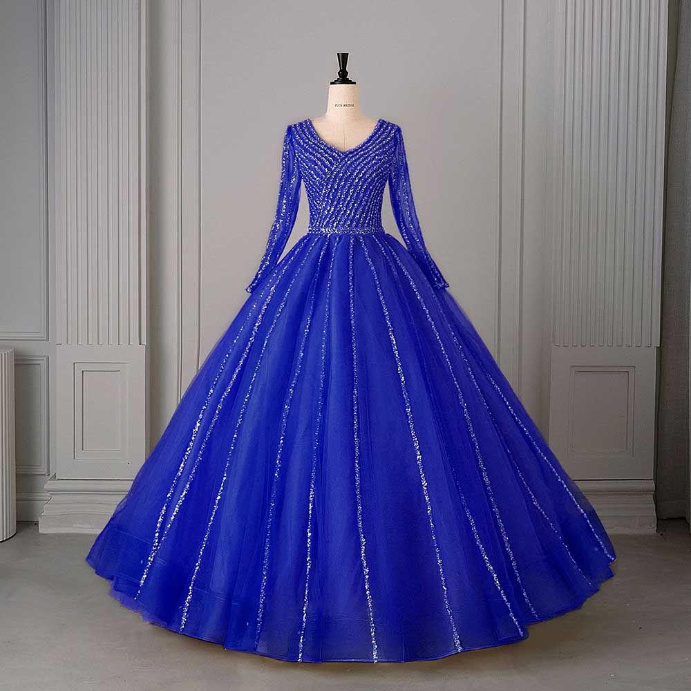 Long Sleeve Beaded Ball Gown V-Neck Formal Gowns