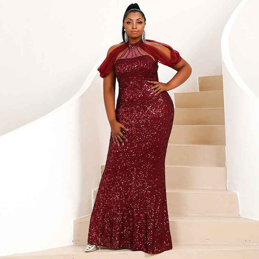 Plus Size Party Dress Sequin Burgundy Maxi Formal Dress Prom Gowns