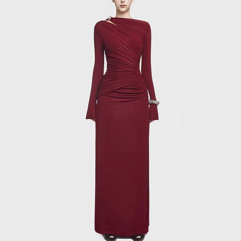 Ruched Draped Detail Maxi Dress Long Sleeve Prom Dresses