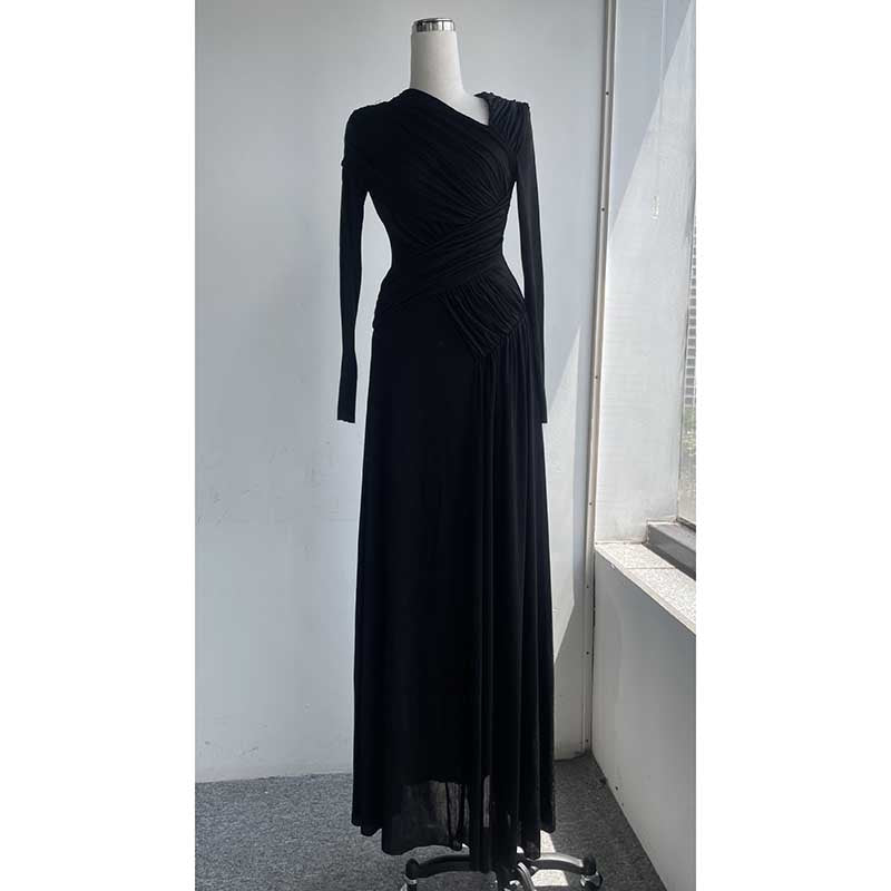 Asymmetric Long Sleeve Maxi Dress with Ruffles for Women in elegant black fabric displayed on a mannequin.