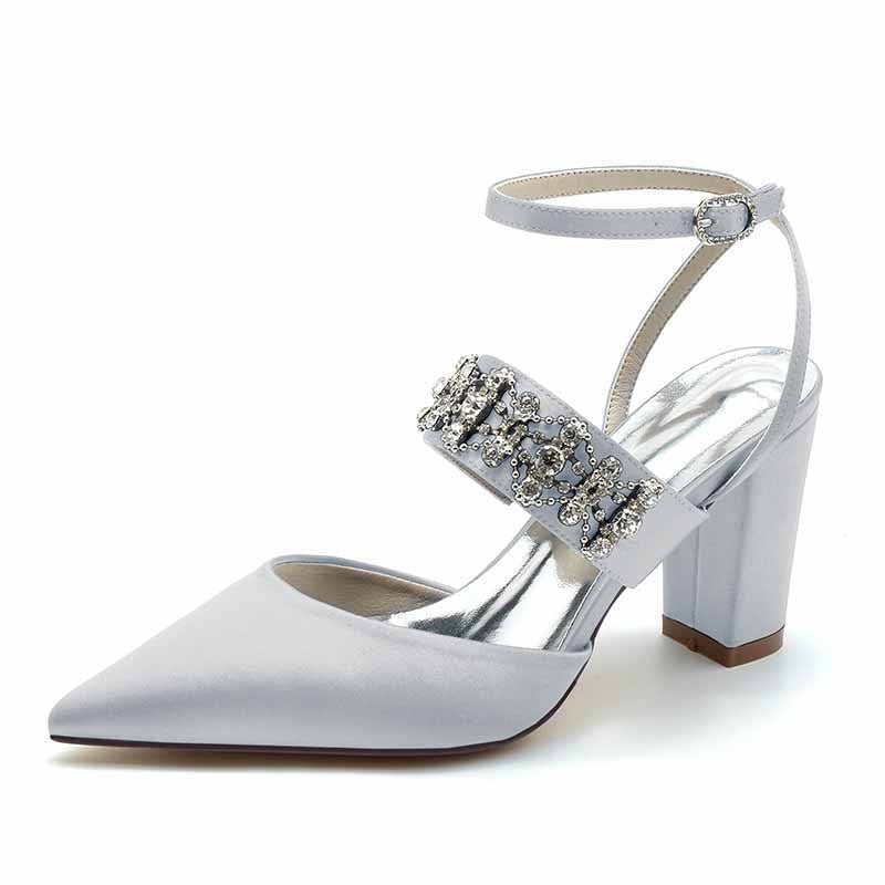 3.35" Satin Wedding Shoes Beaded Ankle Strap Dress Heels