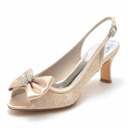 Bow Detail Lace Wedding Shoes 2.56" Slingback Kitten Heels