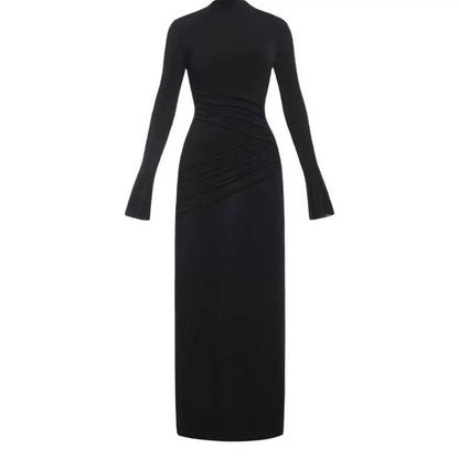 Ruch Bodycon Long Sleeve Maxi Dress Long Evening Dresses in elegant black with ruched detailing and long sleeves.