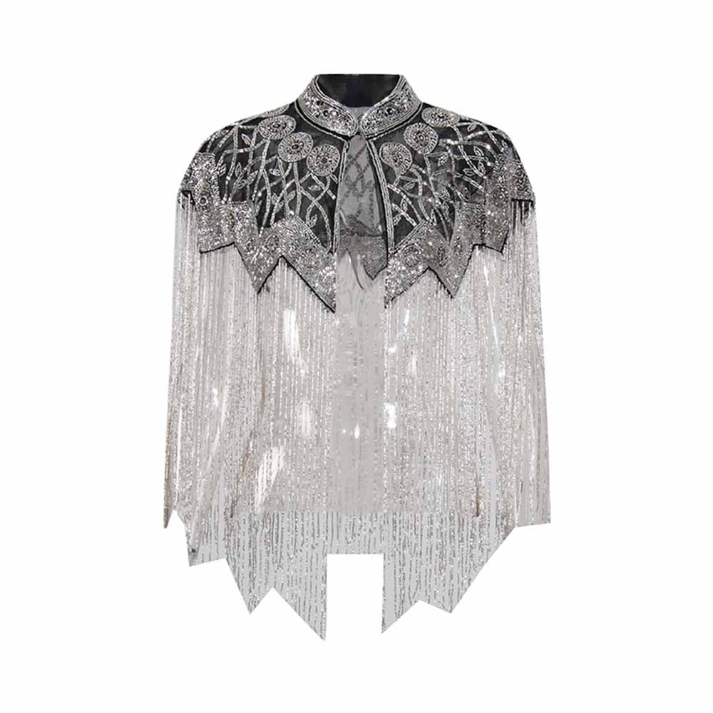 Gatsby Style 20s Metallic Cape – Gold & Silver Beaded Fringe Mesh Cape
