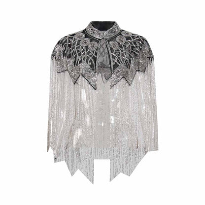 Gatsby Style 20s Metallic Cape – Gold & Silver Beaded Fringe Mesh Cape