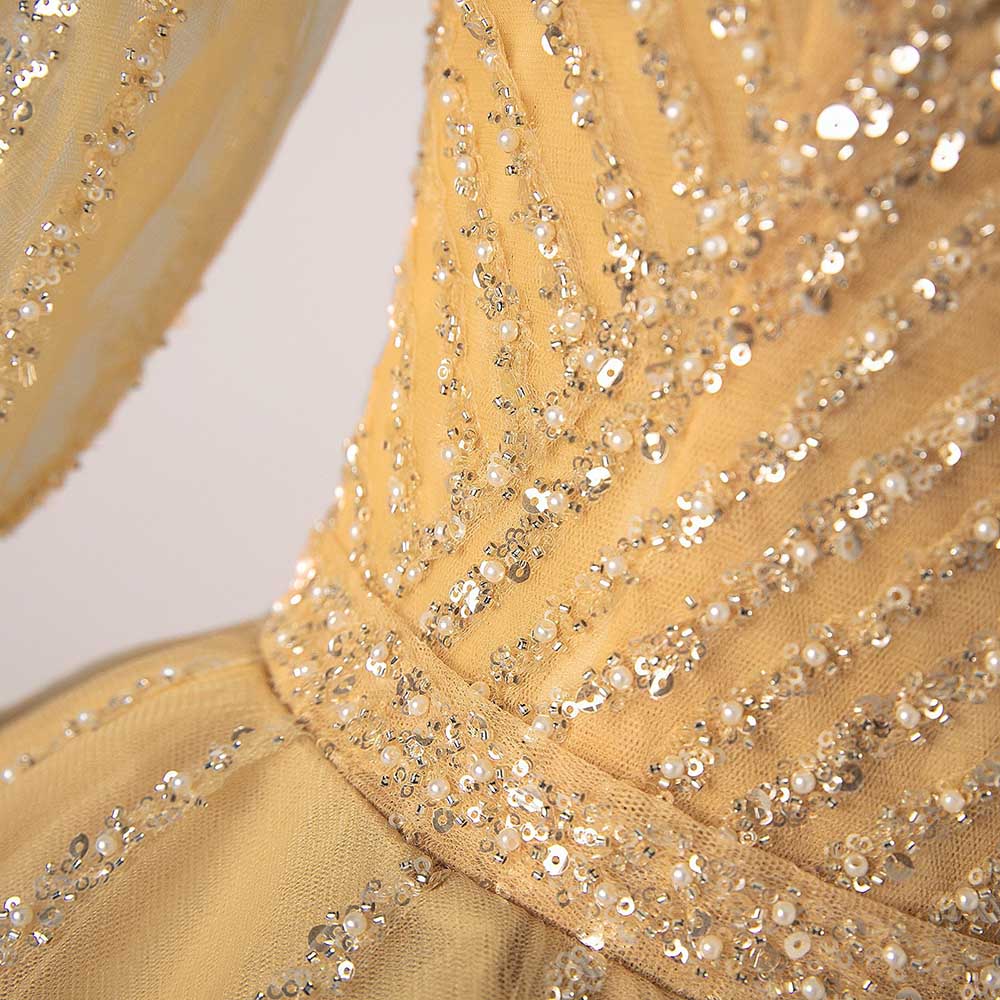 Long Sleeve Beaded Ball Gown V-Neck Formal Gowns