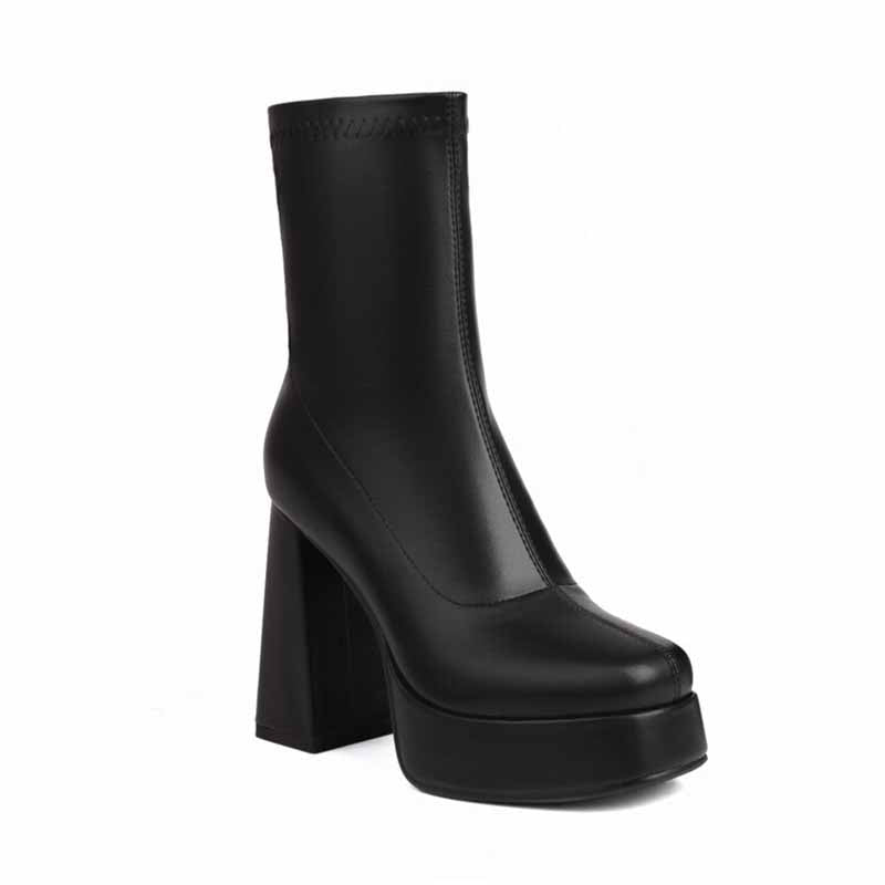 Black leather chunky heeled boots for women with platform sole and high block heel