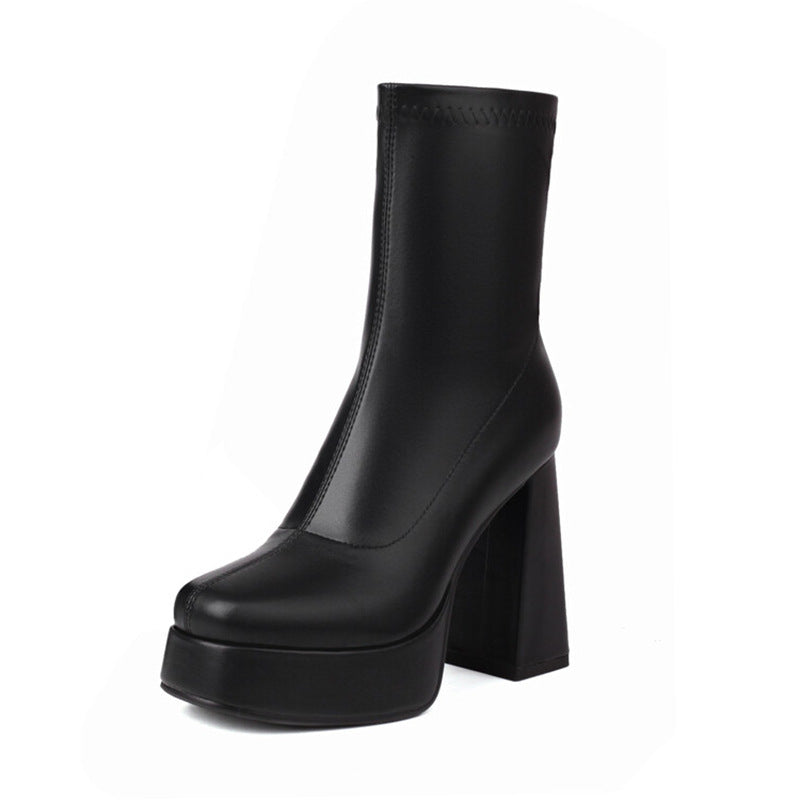 Black leather chunky heeled boots for women with platform and high block heel