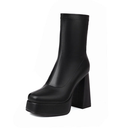 Black leather chunky heeled boots for women with platform and high block heel