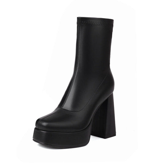 Black leather chunky heeled boots for women with platform and high block heel
