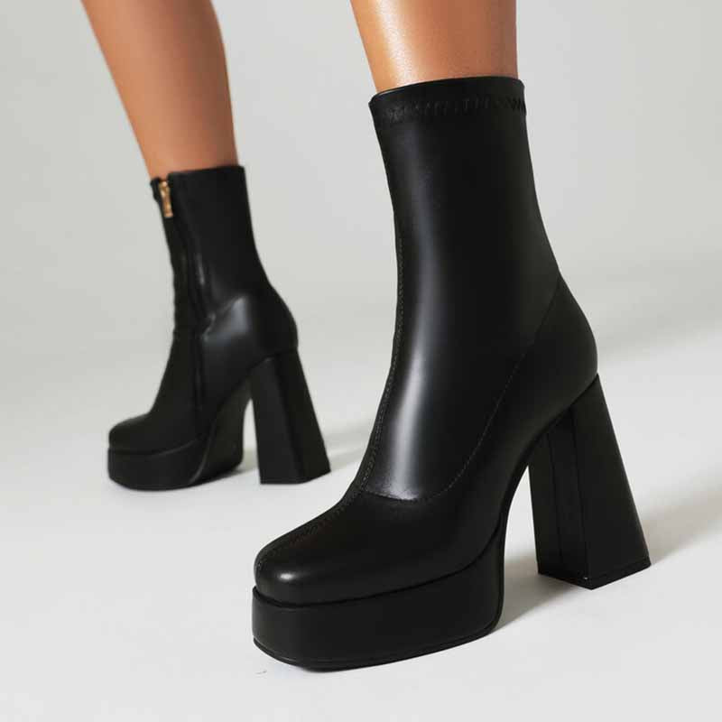 Black chunky heeled boots for women with platform sole and side zipper closure