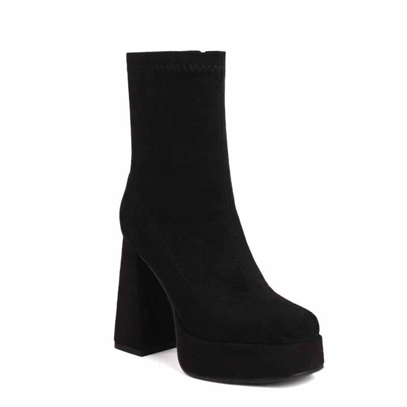 Black suede chunky heeled boots for women with platform sole and ankle height