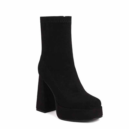 Black suede chunky heeled boots for women with platform sole and ankle height