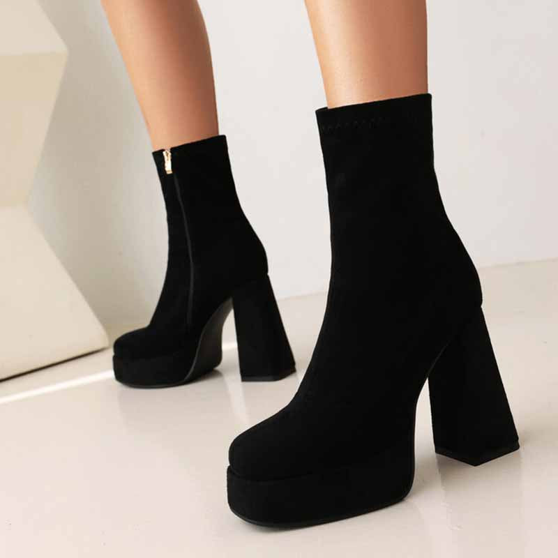 Black suede chunky heeled boots for women with platform sole and side zipper closure