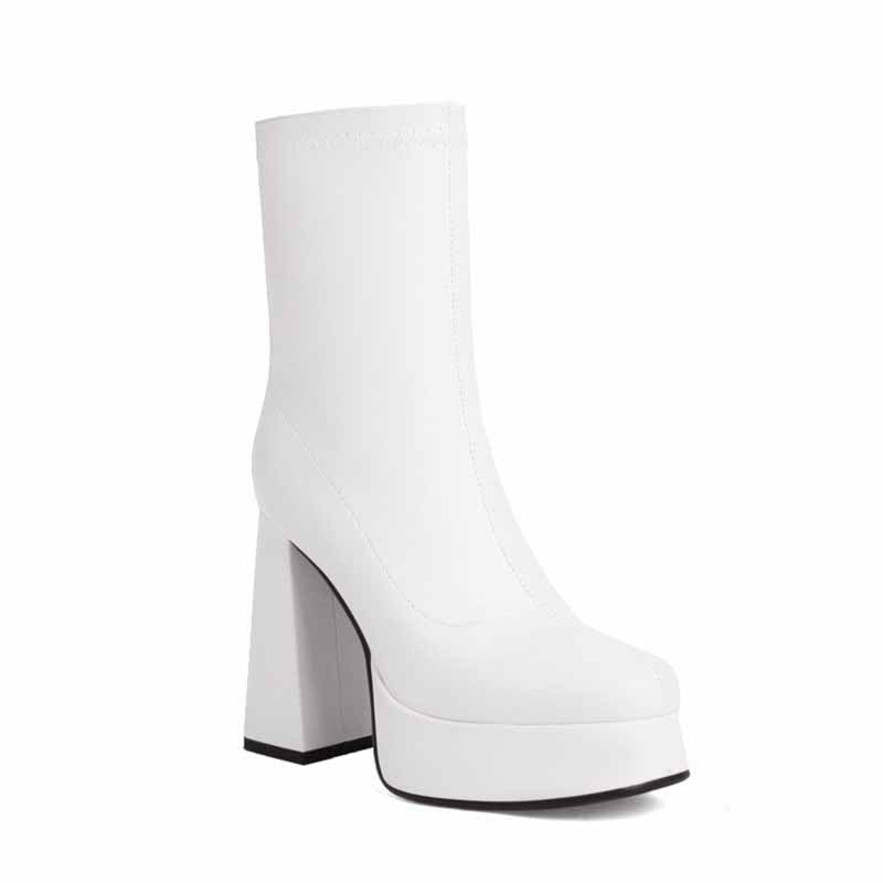 White chunky heeled boots for women with platform sole and high block heel