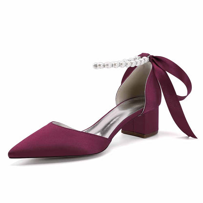 Satin Chunky Heel Closed Toe Dress Heels Lace-Up Pearls Bridal Shoes