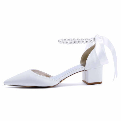 Satin Chunky Heel Closed Toe Dress Heels Lace-Up Pearls Bridal Shoes