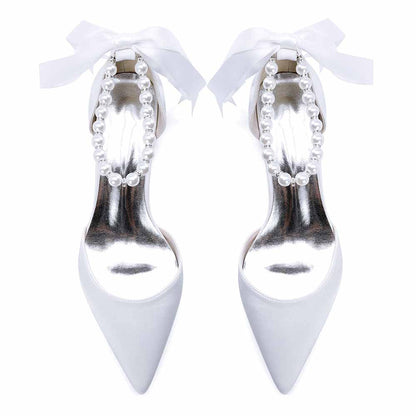 Satin Chunky Heel Closed Toe Dress Heels Lace-Up Pearls Bridal Shoes
