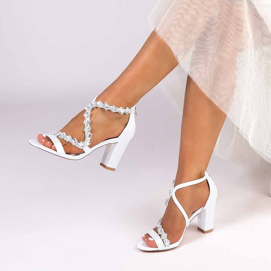 Dress Sandals Chunky Heel Dress Heels Crystal Beads Ankle Straps Wedding Shoes