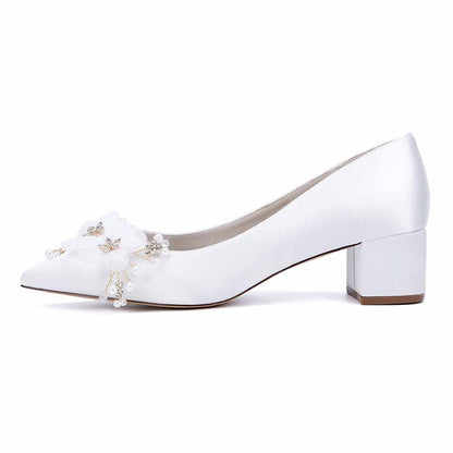 Chunky Heel Prom Heels Closed Toe Dress Heels Flower Appliques Bride Shoes
