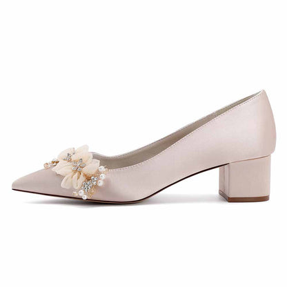 Chunky Heel Prom Heels Closed Toe Dress Heels Flower Appliques Bride Shoes