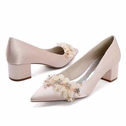 Chunky Heel Prom Heels Closed Toe Dress Heels Flower Appliques Bride Shoes