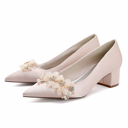 Chunky Heel Prom Heels Closed Toe Dress Heels Flower Appliques Bride Shoes