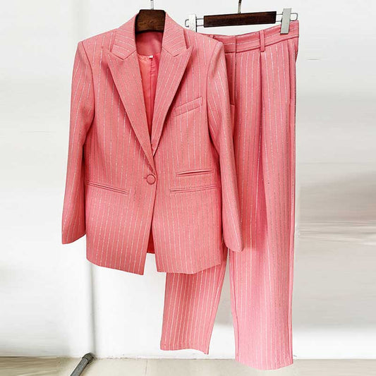 One Button Wide-Leg Pantsuit Striped Fashionable Outfit