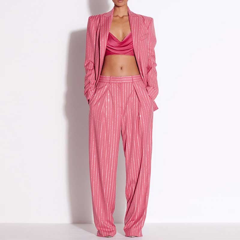 One Button Wide-Leg Pantsuit Striped Fashionable Outfit