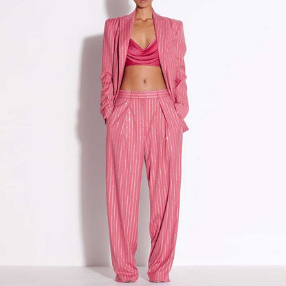 One Button Wide-Leg Pantsuit Striped Fashionable Outfit