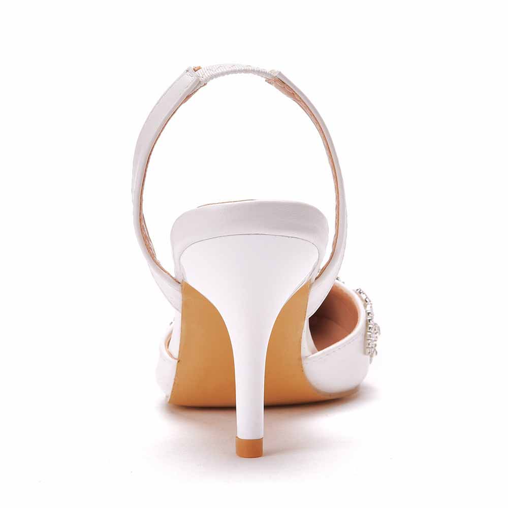 Crystal Queen bridal rhinestone pumps white heels with ankle strap and decorated side detail