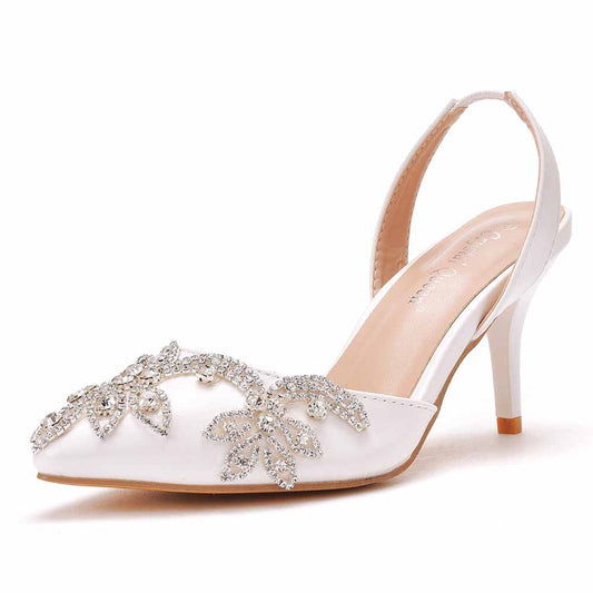 Crystal Queen white bridal rhinestone pumps with pointed toe and decorative rhinestone leaf design