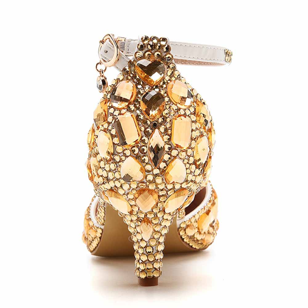 Crystal Queen crystal embellished low heels with gold-tone jewels and ankle strap for elegant style