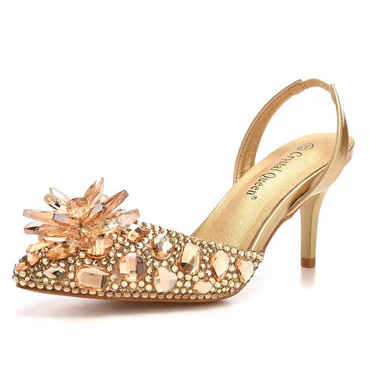 Crystal Queen crystal embellished low heels with gold tone and large flower gems on pointed toe