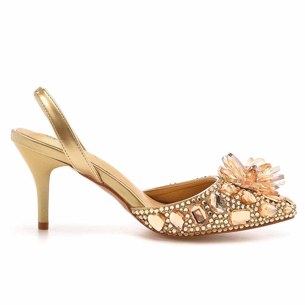 Crystal Queen gold slingback crystal embellished low heels with decorative gems and mid-height heel