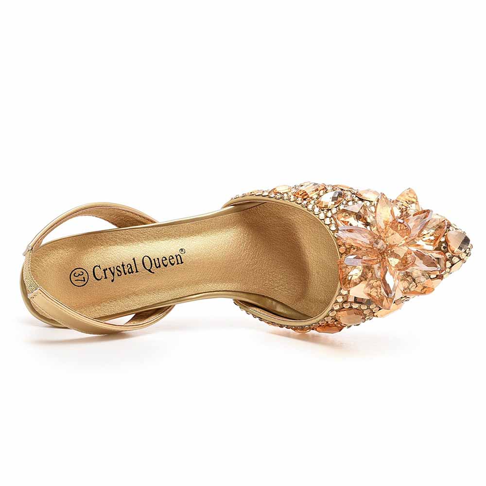 Crystal Queen crystal embellished low heels in gold with intricate floral crystal design