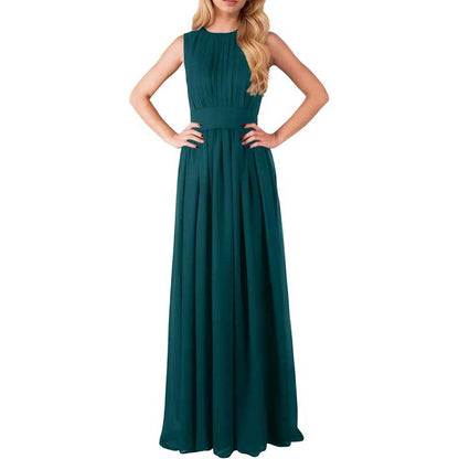 Elegant custom long chiffon bridesmaid dress in dark green with pleated bodice and floor-length skirt