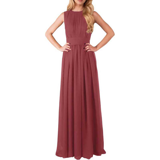 Elegant custom long chiffon bridesmaid dress in dusty rose with sleeveless design and pleated bodice