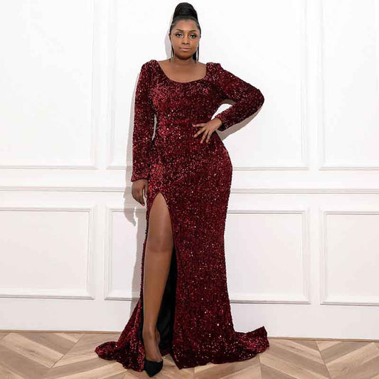 Women Plus Size Prom Dress Mermaid Gowns High Split Sequin Prom