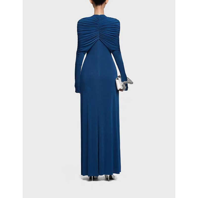 Raw Edge Detail Ruched Maxi Dress Long Sleeves