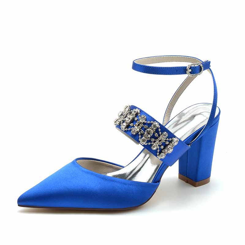 3.35" Satin Wedding Shoes Beaded Ankle Strap Dress Heels
