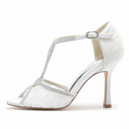 3.35" Peep-Toe Lace Bridal Shoes T-Strap Prom Heels